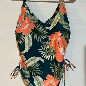 Kona Sol Orange and Green One Piece Swimsuit with Tropical Print